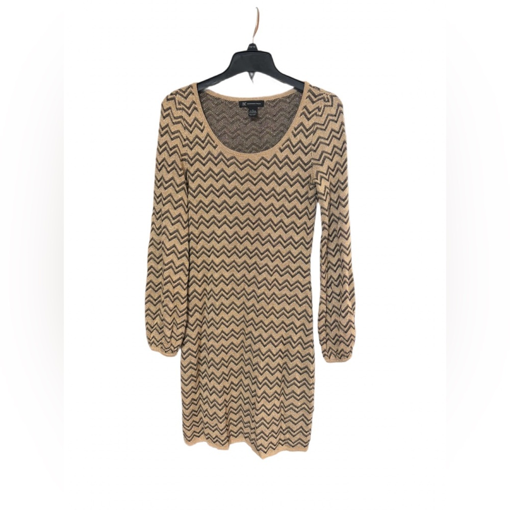 INC International Concepts Black and Gold Chevron Sweater Knit Dress Medium